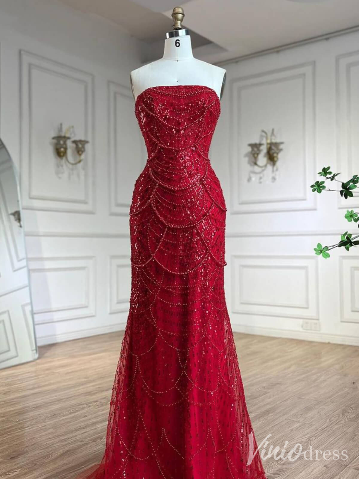 Red Beaded Puffed Sleeve Mermaid Prom Dresses Strapless Pageant Dress 20219-prom dresses-Viniodress-Viniodress