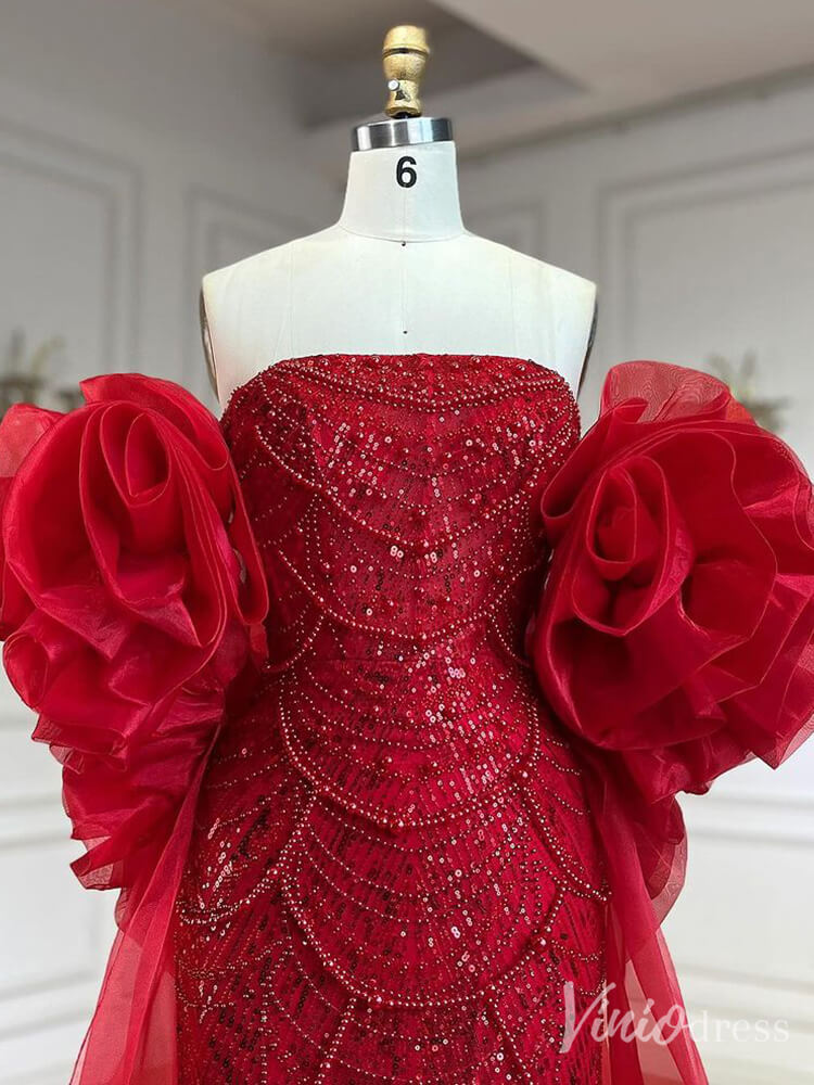 Red Beaded Puffed Sleeve Mermaid Prom Dresses Strapless Pageant Dress 20219-prom dresses-Viniodress-Viniodress