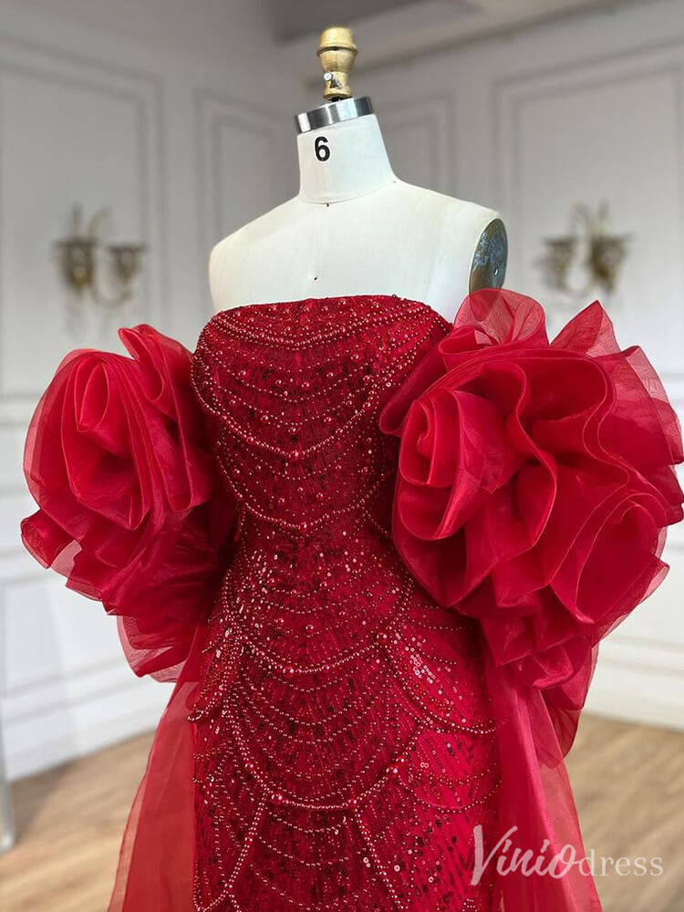 Red Beaded Puffed Sleeve Mermaid Prom Dresses Strapless Pageant Dress 20219-prom dresses-Viniodress-Viniodress