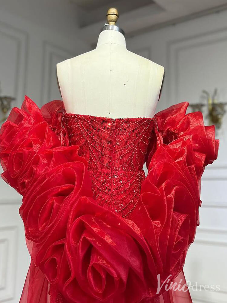 Red Beaded Puffed Sleeve Mermaid Prom Dresses Strapless Pageant Dress 20219-prom dresses-Viniodress-Viniodress