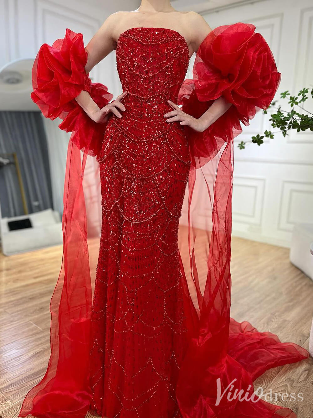 Red Beaded Puffed Sleeve Mermaid Prom Dresses Strapless Pageant Dress 20219-prom dresses-Viniodress-Viniodress