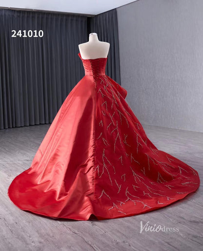 Red Beaded Satin Wedding Dresses Strapless Quinceanera Dress 241010-Quinceanera Dresses 2025 -Viniodress-Red-Custom Size-