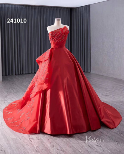 Red Beaded Satin Wedding Dresses Strapless Quinceanera Dress 241010-Quinceanera Dresses 2025 -Viniodress-Red-Custom Size-