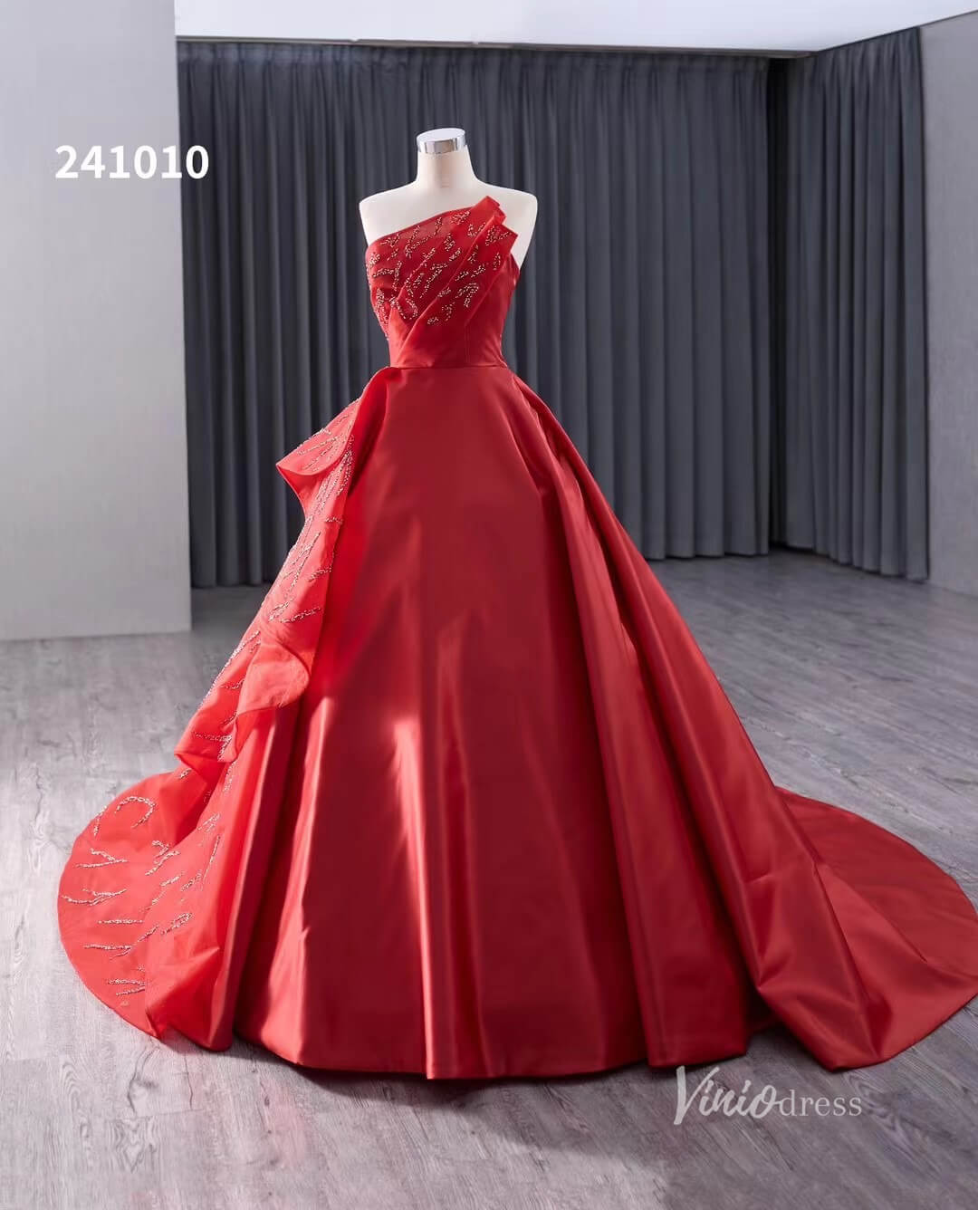 Red Beaded Satin Wedding Dresses Strapless Quinceanera Dress 241010 - ViniodressQuinceanera DressesRedCustom Size - Formal Dresses - Ball Gowns