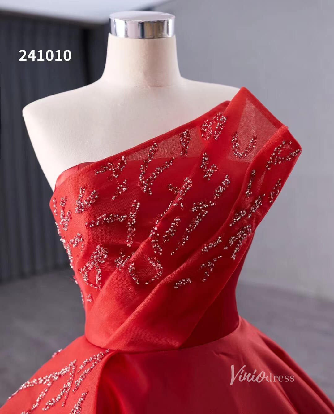 Red Beaded Satin Wedding Dresses Strapless Quinceanera Dress 241010 - ViniodressQuinceanera DressesRedCustom Size - Formal Dresses - Ball Gowns