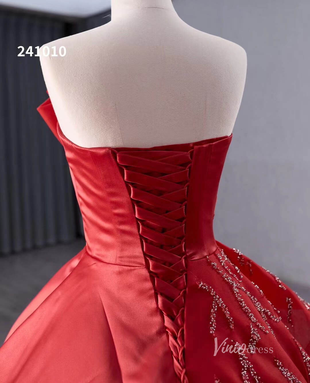 Red Beaded Satin Wedding Dresses Strapless Quinceanera Dress 241010 - ViniodressQuinceanera DressesRedCustom Size - Formal Dresses - Ball Gowns