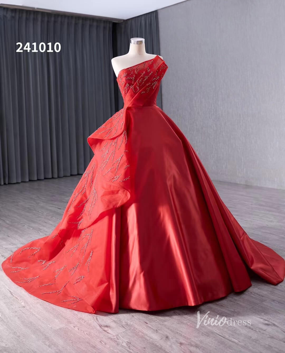 Red Beaded Satin Wedding Dresses Strapless Quinceanera Dress 241010 - ViniodressQuinceanera DressesRedCustom Size - Formal Dresses - Ball Gowns