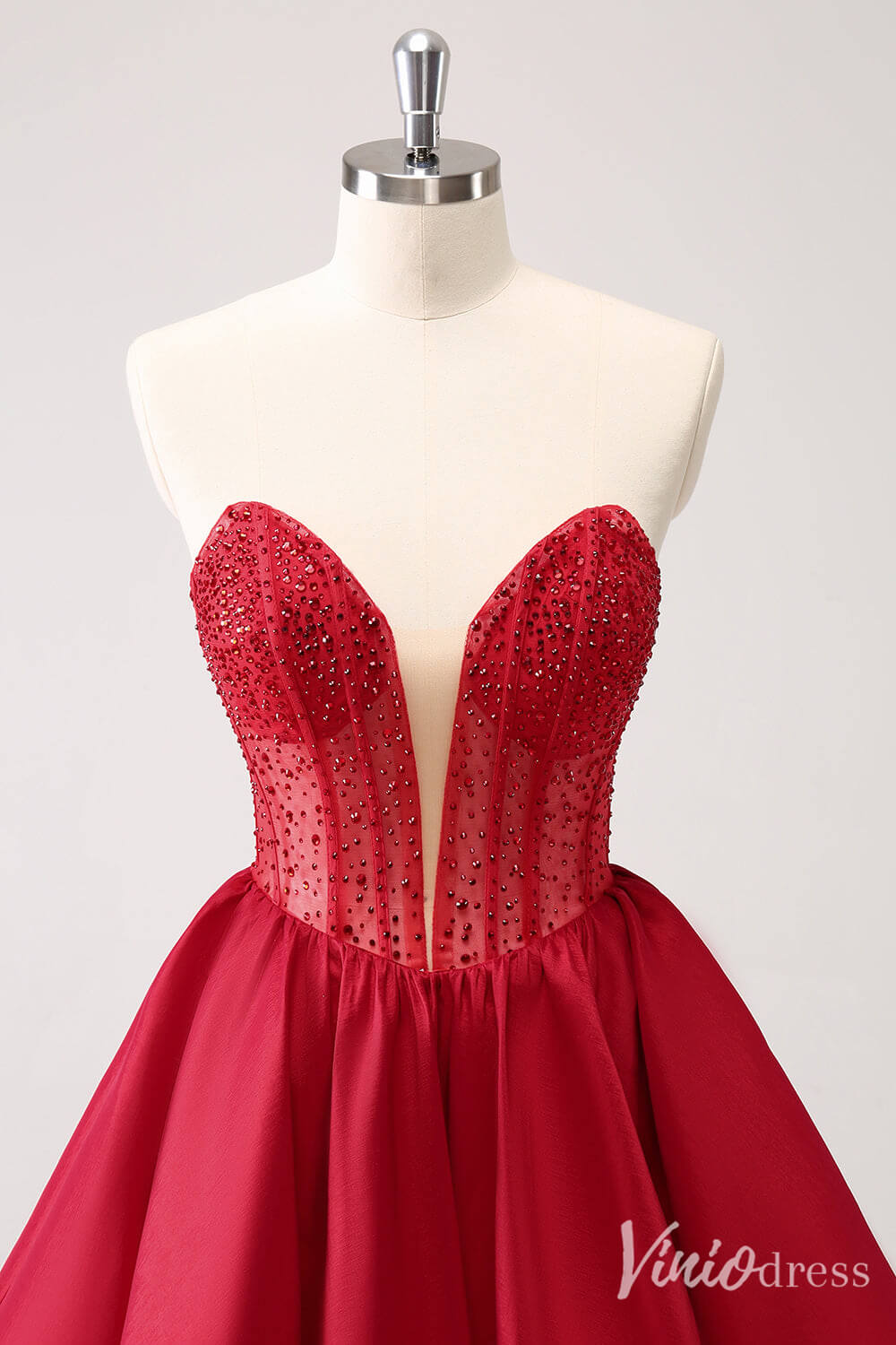 Red Beaded Sweetheart Homecoming Dresses Satin Strapless Back to School Dress S24017-prom dresses 2025 -Viniodress-Red-Custom Size-