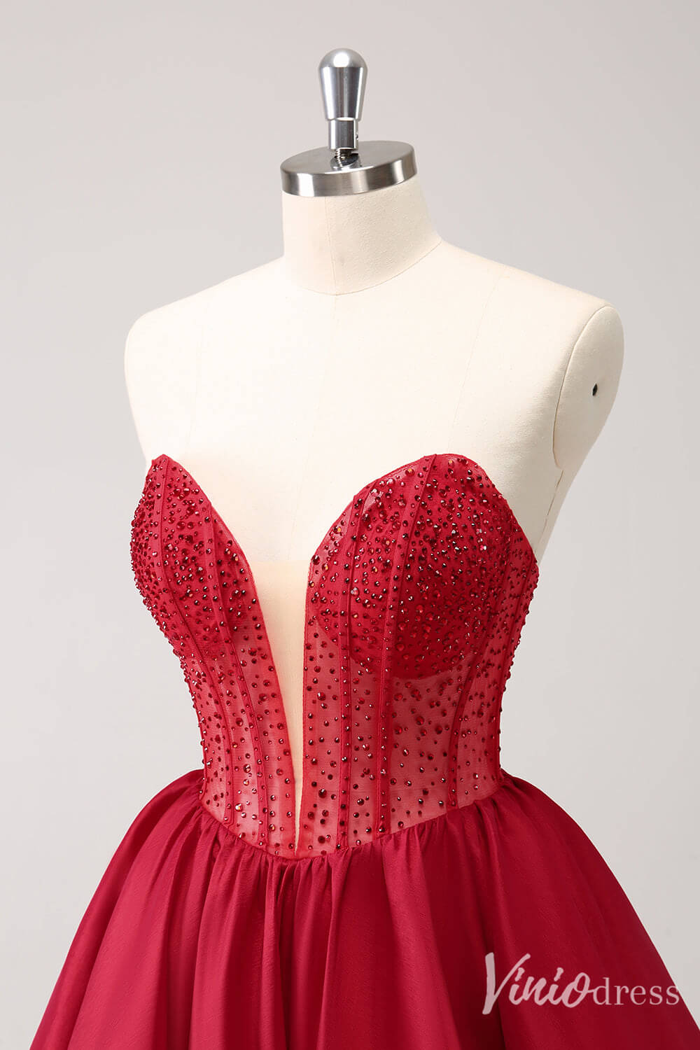 Red Beaded Sweetheart Homecoming Dresses Satin Strapless Back to School Dress S24017-prom dresses 2025 -Viniodress-Red-Custom Size-