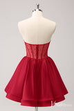 Red Beaded Sweetheart Homecoming Dresses Satin Strapless Back to School Dress S24017-prom dresses-Viniodress-Viniodress