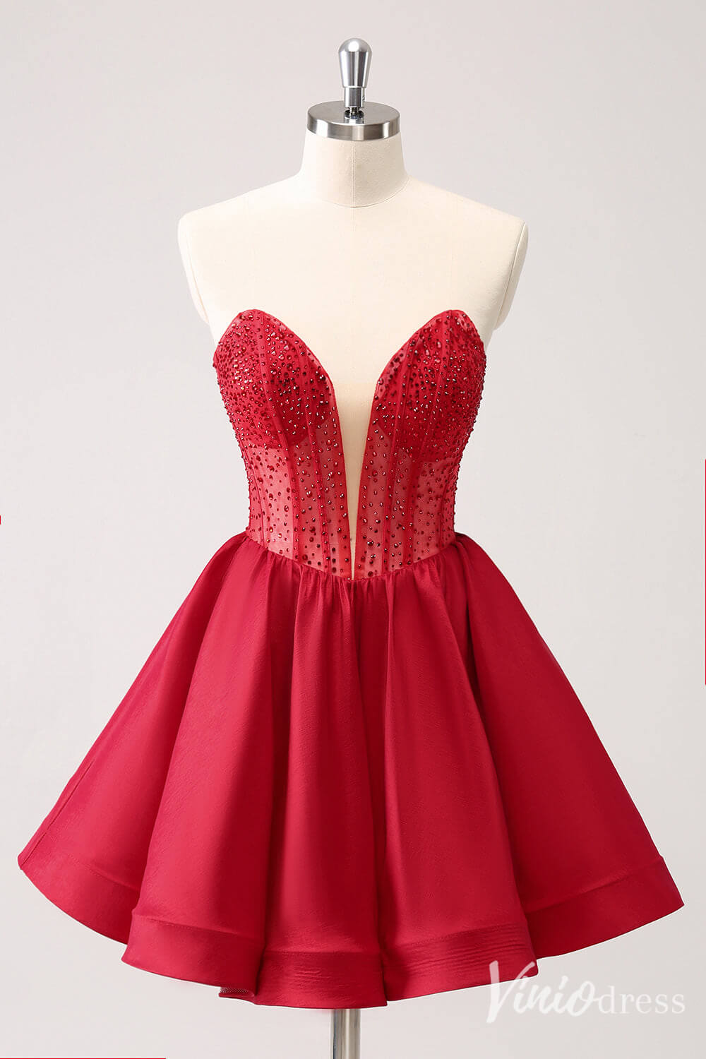 Red Beaded Sweetheart Homecoming Dresses Satin Strapless Back to School Dress S24017-prom dresses-Viniodress-Red-Custom Size-Viniodress