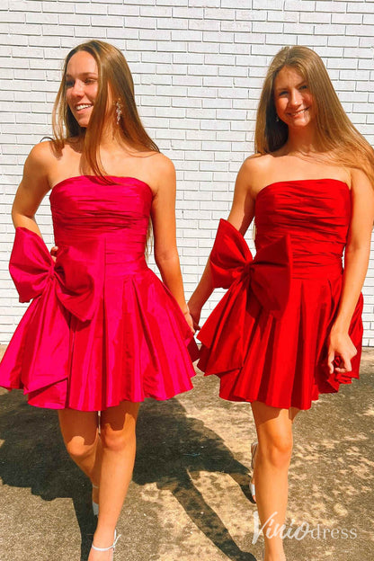 Red Bow-Tie Satin Homecoming Dresses Strapless Ruched Back to School Dress SD1684-Homecoming Dresses 2025 -Viniodress-Red-Custom Size-