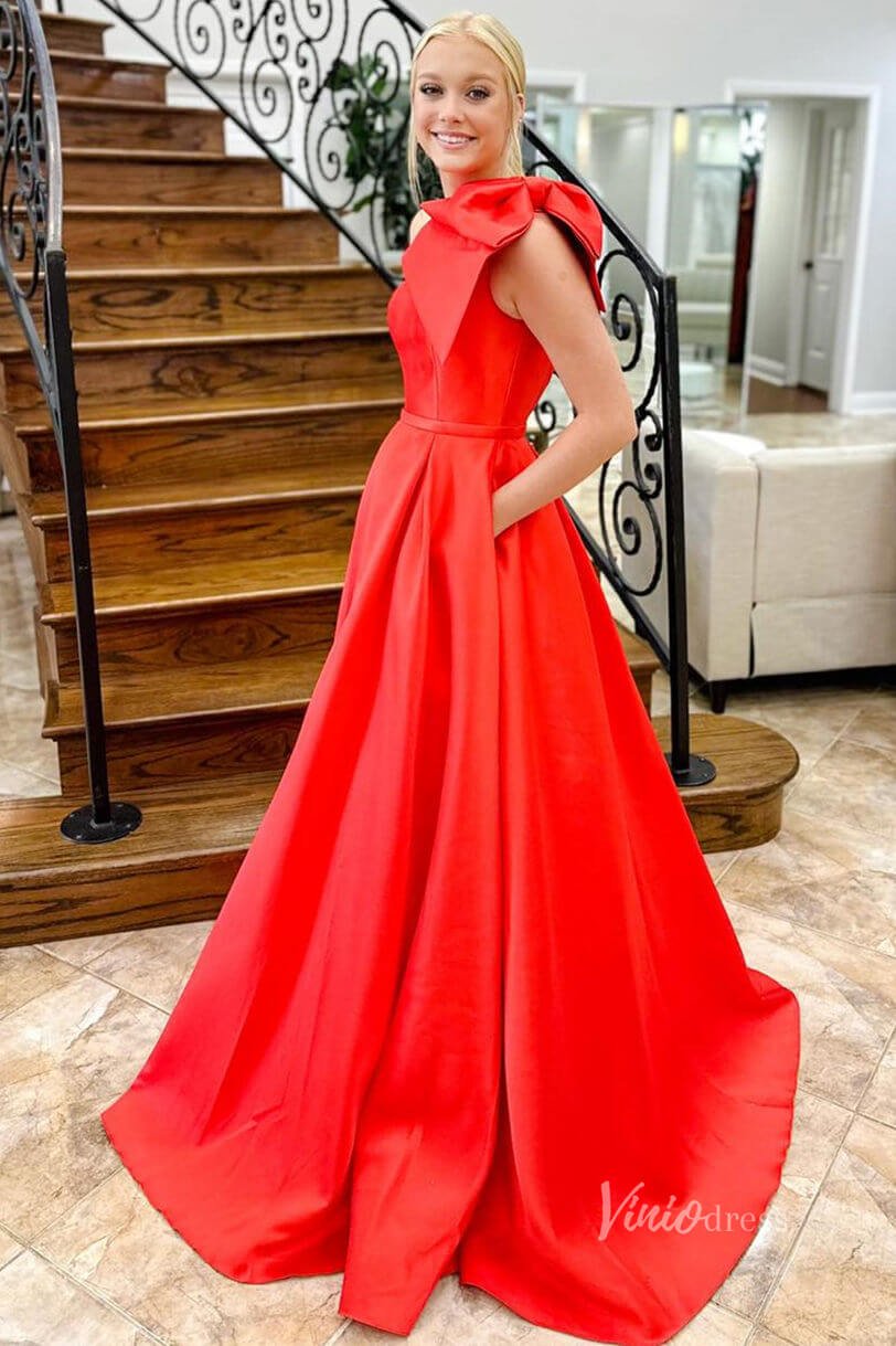 Red Bow Tie Satin Prom Dresses 2024 One Shoulder Evening Gown with Pockets FD3336-prom dresses 2025 -Viniodress-Red-Custom Size-