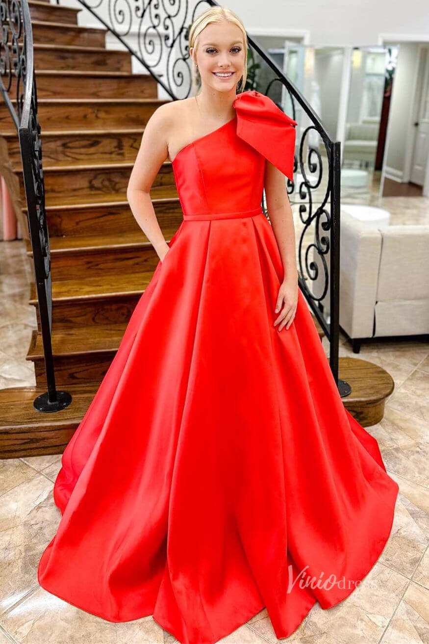 Red Bow Tie Satin Prom Dresses 2024 One Shoulder Evening Gown with Pockets FD3336-prom dresses 2025 -Viniodress-Red-Custom Size-