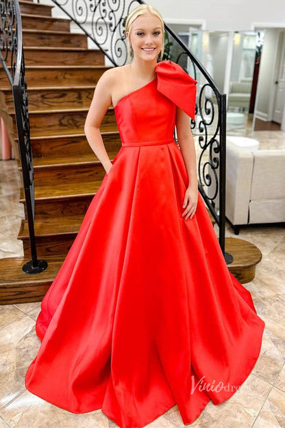 Red Bow Tie Satin Prom Dresses 2024 One Shoulder Evening Gown with Pockets FD3336-prom dresses 2025 -Viniodress-Red-Custom Size-