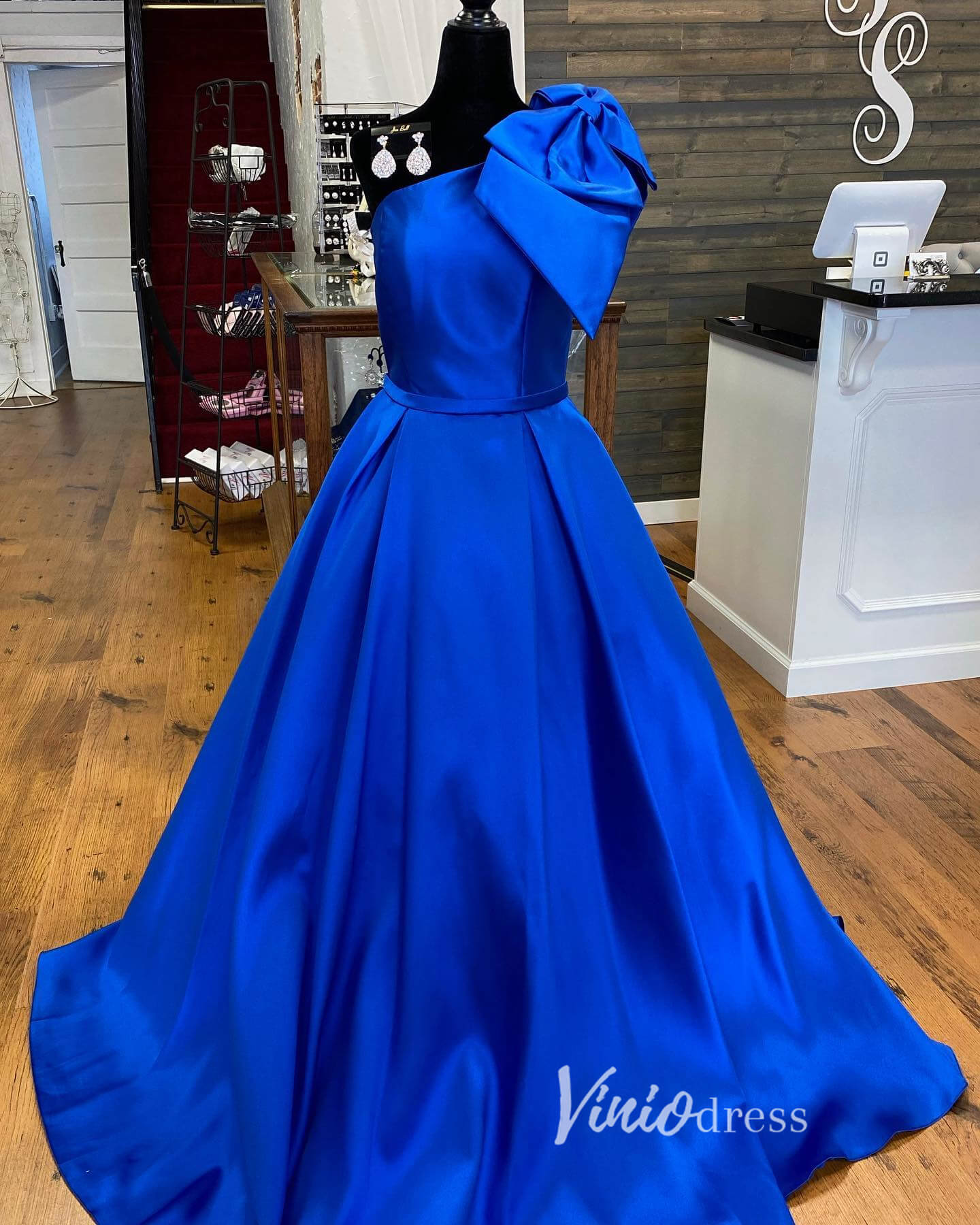 Prom Dress 2025 Red Bow Tie Satin Prom Dresses 2024 One Shoulder Evening Gown with Pockets FD3336-unique prom dresses-Blue-Custom Size-Viniodress