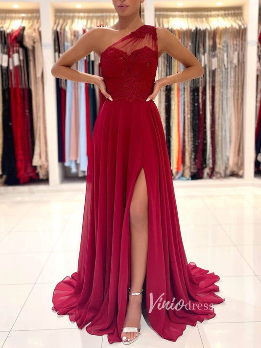Red Chiffon Prom Dress High Slit One Shoulder Evening Dress FD2843-prom dresses 2025 -Viniodress-Dark Red-Custom Size-