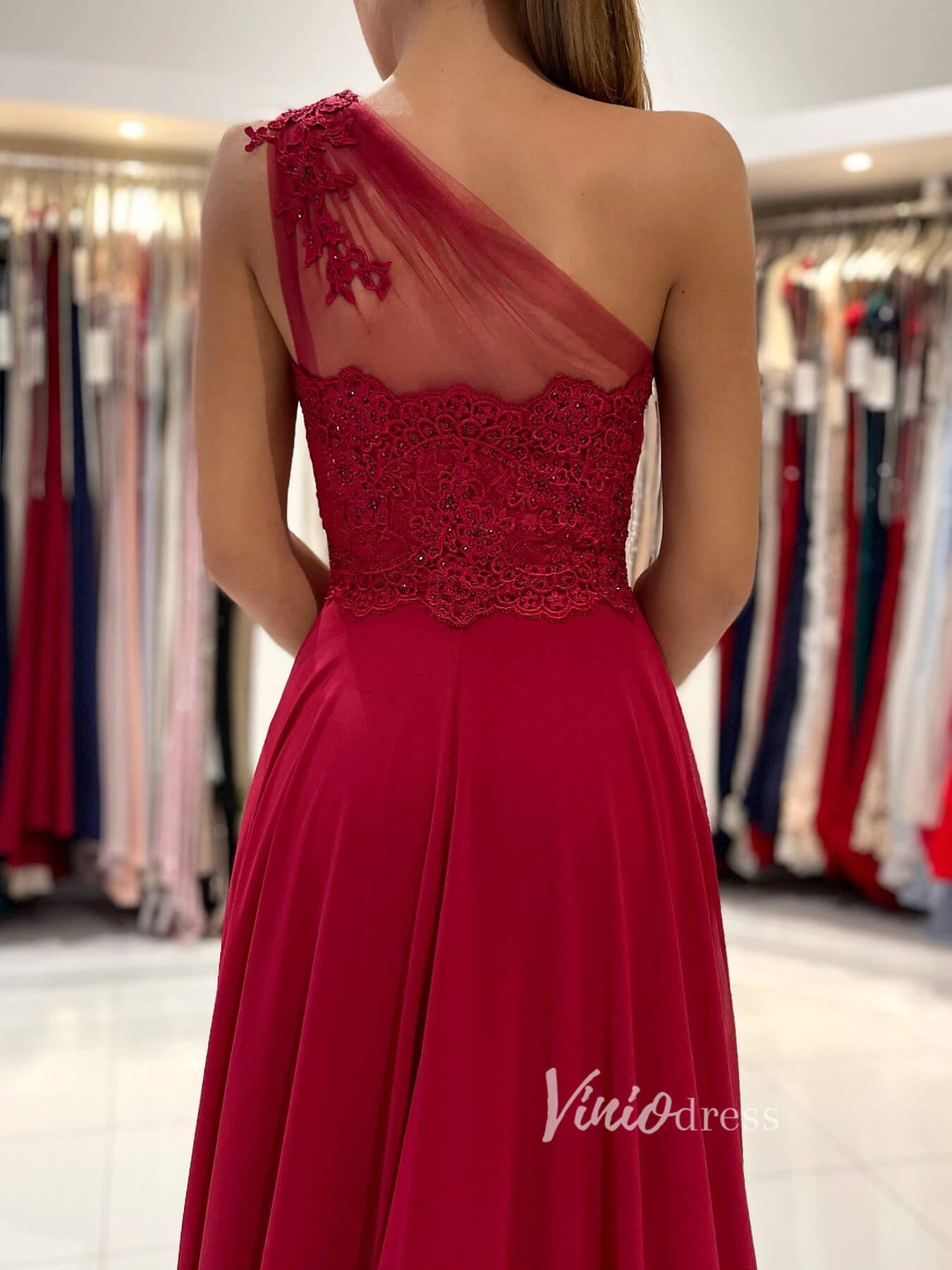 Prom Dress 2025 Red Chiffon Prom Dress High Slit One Shoulder Evening Dress FD2843-unique prom dresses-Dark Red-Custom Size-Viniodress