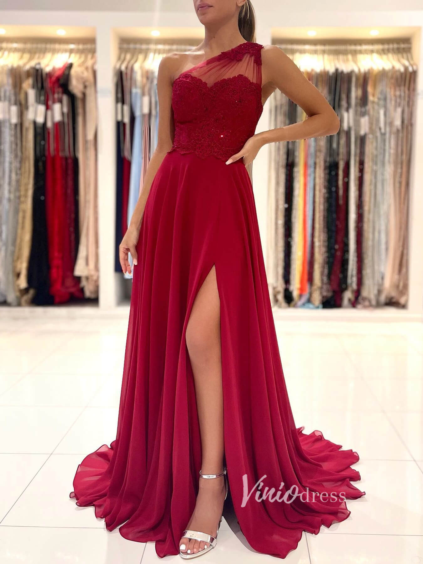 Prom Dress 2025 Red Chiffon Prom Dress High Slit One Shoulder Evening Dress FD2843-unique prom dresses-Dark Red-Custom Size-Viniodress