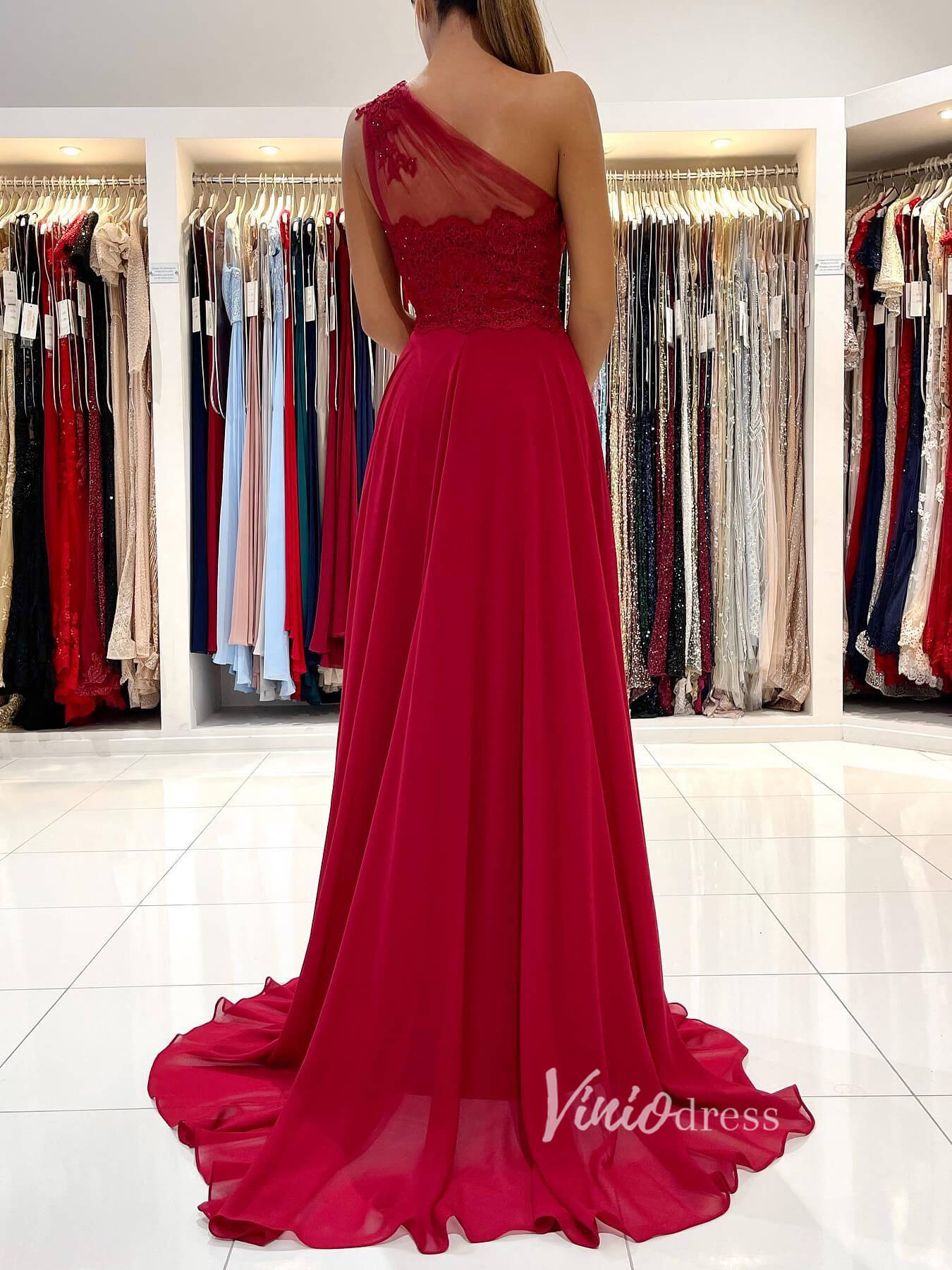 Prom Dress 2025 Red Chiffon Prom Dress High Slit One Shoulder Evening Dress FD2843-unique prom dresses-Dark Red-Custom Size-Viniodress