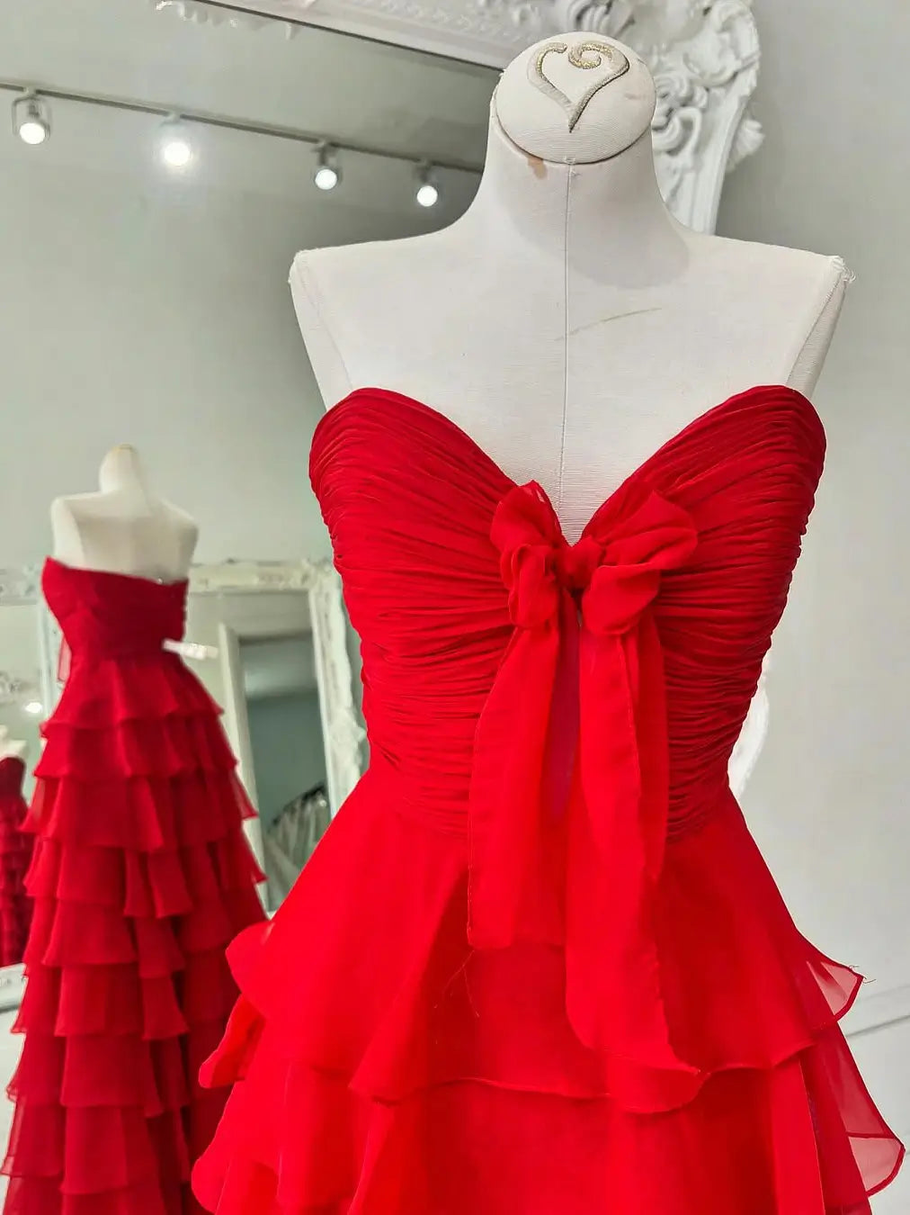 prom dresses 2025-to impress Red Chiffon Prom Dress with Sweetheart Neckline & Tiered Bottom – FD6097-plus size wedding dresses Viniodress-Red-Custom Size-