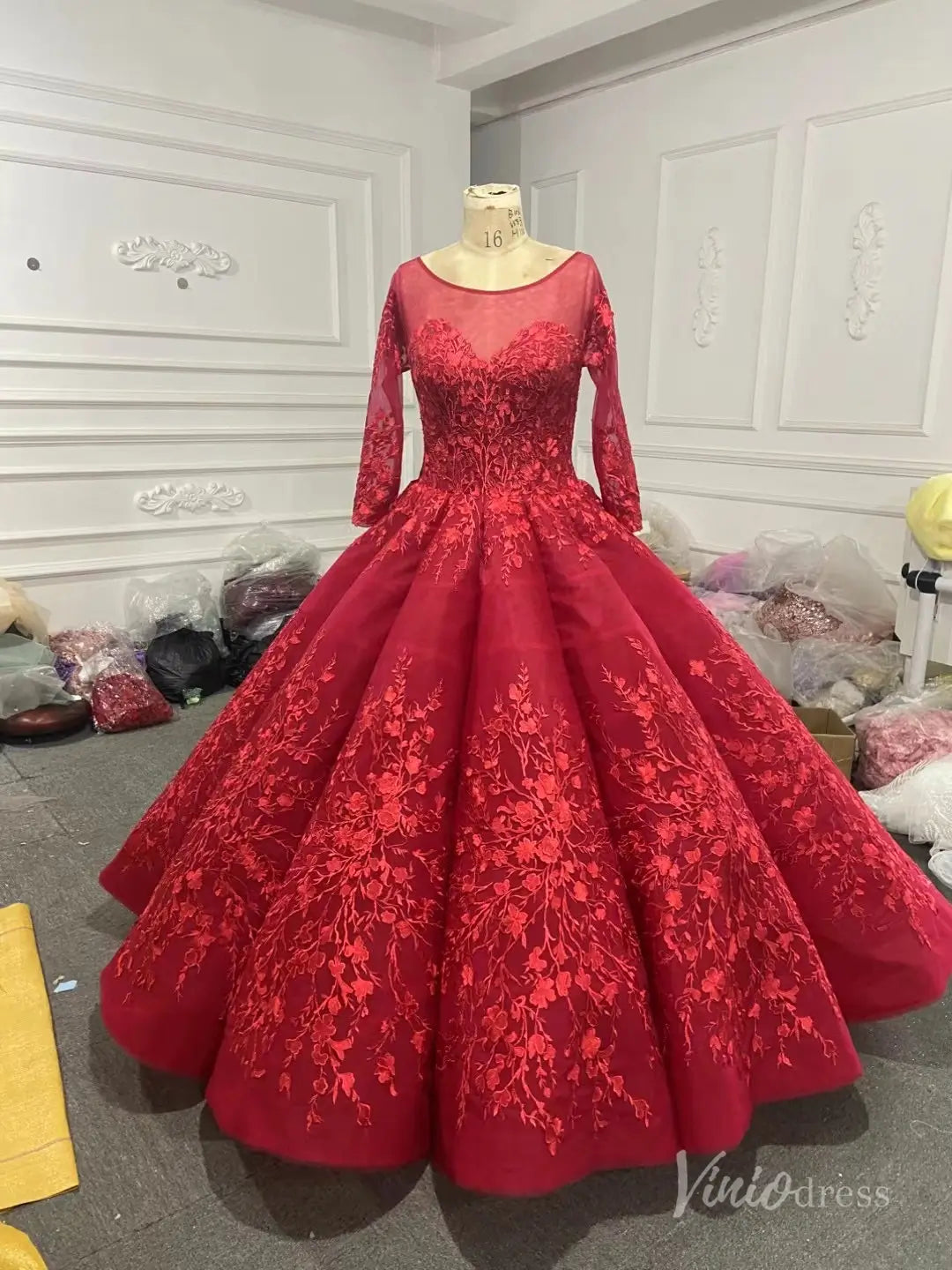 Red Cinderella Quinceañera Ball Gown | Long Sleeve Debut Dress with Corset Back 66699 viniodress-Quinceanera Dresses 2025 -Viniodress-Red-Custom Size-