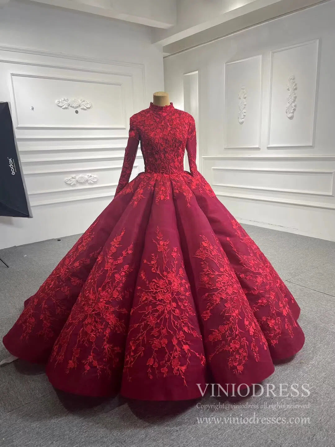 Red Cinderella Quinceañera Ball Gown | Long Sleeve Debut Dress with Corset Back 66699 viniodress-Quinceanera Dresses 2025 -Viniodress-Red-Custom Size-