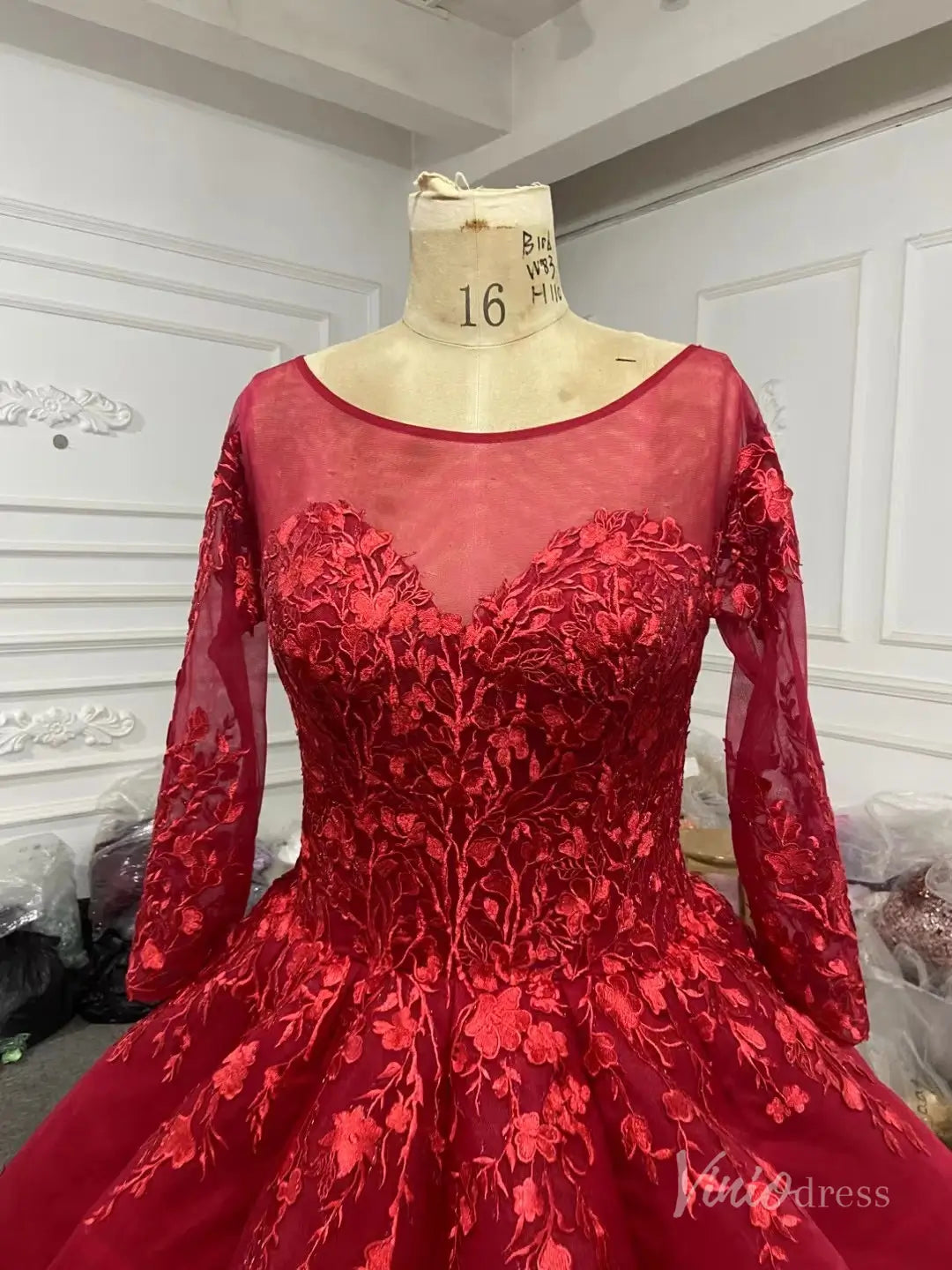 Red Cinderella Quinceañera Ball Gown | Long Sleeve Debut Dress with Corset Back 66699 viniodress-Quinceanera Dresses 2025 -Viniodress-Red-Custom Size-