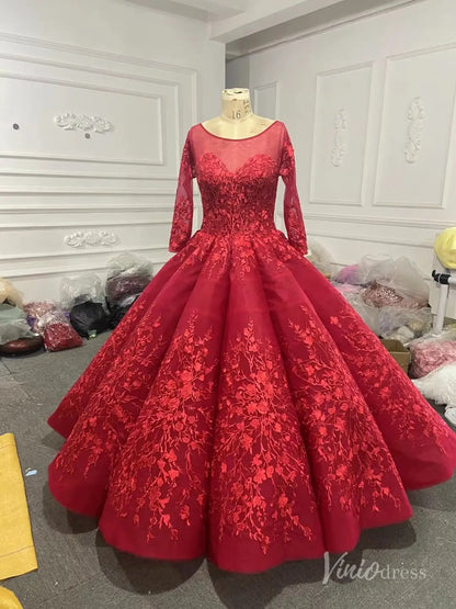 Red Cinderella Quinceañera Ball Gown | Long Sleeve Debut Dress with Corset Back 66699 viniodress-Quinceanera Dresses 2025 -Viniodress-Red-Custom Size-