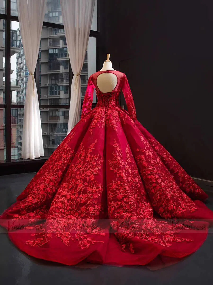 long sleeve red lace long dress Red Cinderella Quinceañera Ball Gown