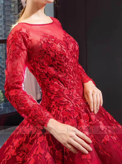 Red Cinderella Quinceañera Ball Gown | Long Sleeve Debut Dress with Corset Back 66699 viniodress-Quinceanera Dresses 2025 -Viniodress-Red-Custom Size-