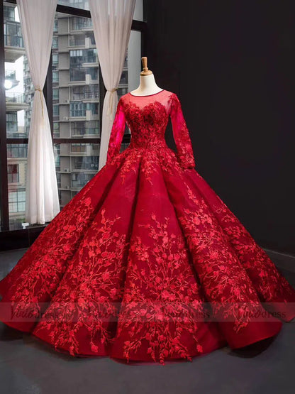 Red Cinderella Quinceañera Ball Gown | Long Sleeve Debut Dress with Corset Back 66699 viniodress-Quinceanera Dresses 2025 -Viniodress-Red-Custom Size-