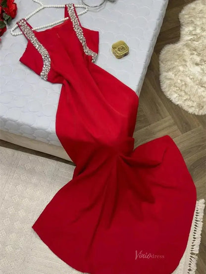 Burgundy Satin Mermaid Prom Dresses with Slit & Beaded Strap - FD5269-prom dresses 2025 -Viniodress-Burgundy-Custom Size-