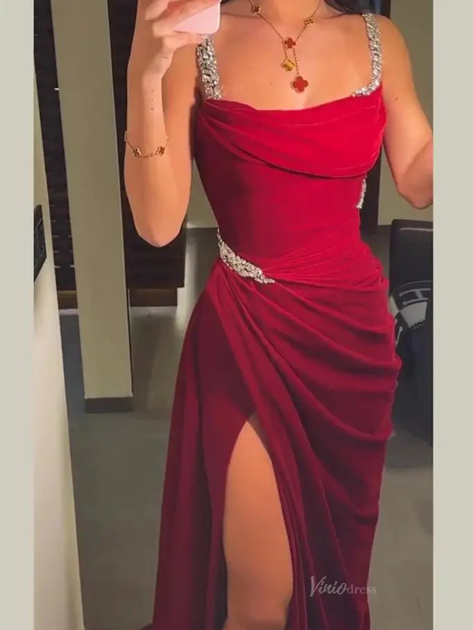 Burgundy Satin Mermaid Prom Dresses with Slit & Beaded Strap - FD5269-prom dresses 2025 -Viniodress-Burgundy-Custom Size-
