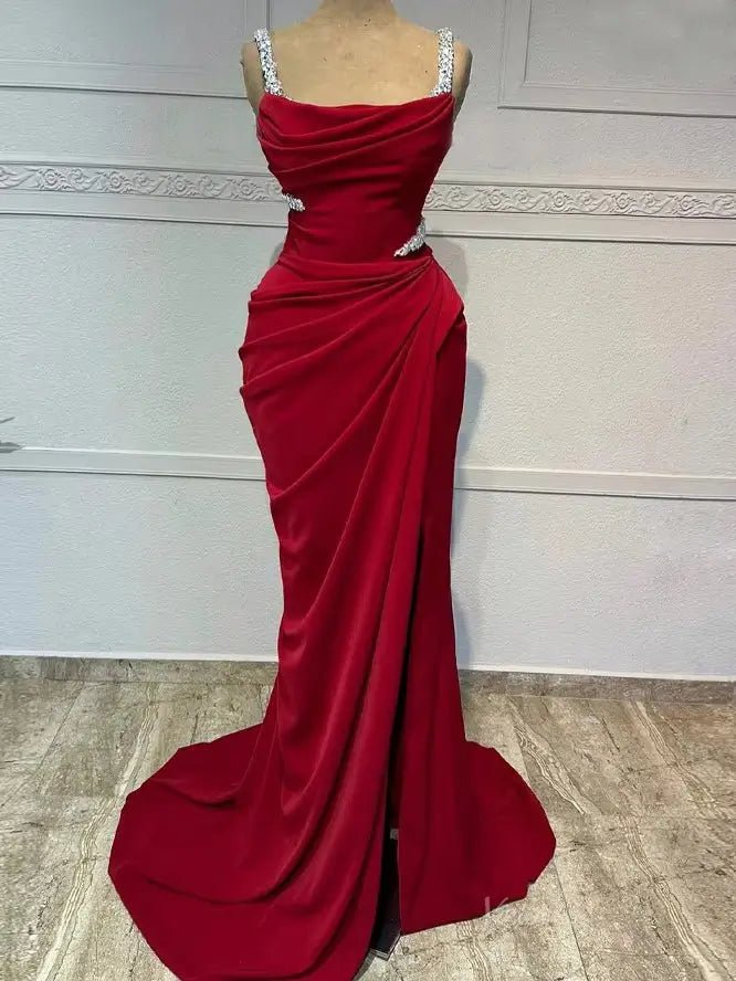 Burgundy Satin Mermaid Prom Dresses with Slit & Beaded Strap - FD5269-prom dresses 2025 -Viniodress-Burgundy-Custom Size-