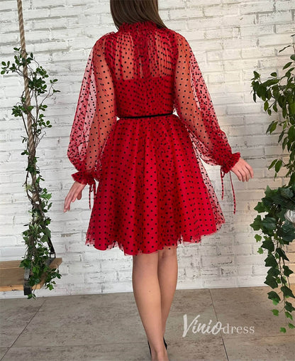 Red Dotted Tulle Homecoming Dresses with Long Sleeve SD1437-Homecoming Dresses 2025 -Viniodress-Red-Custom Size-