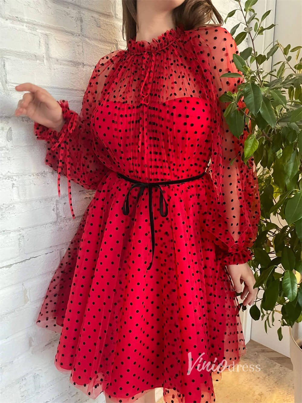 Red Dotted Tulle Homecoming Dresses with Long Sleeve SD1437 – Viniodress