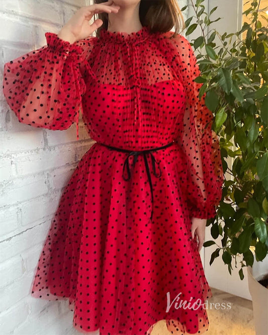 Short Prom Dresses 2025 Red Dotted Tulle Homecoming Dresses with Long Sleeve SD1437-homecoming dresses-Viniodress-Red-Custom Size-Viniodress