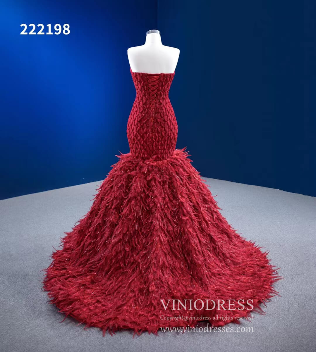 Red Feather Mermaid Wedding Dresses Strapless Pageant Dress 222198-prom dresses 2025 -Viniodress-Red-Custom Size-