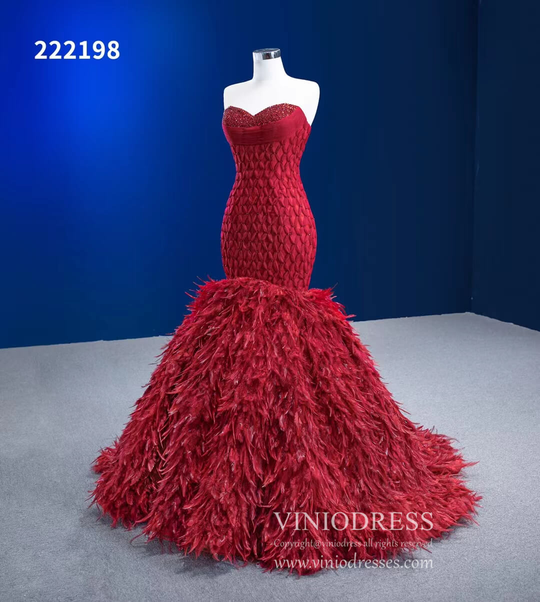 Red Feather Mermaid Wedding Dresses Strapless Pageant Dress 222198-prom dresses 2025 -Viniodress-Red-Custom Size-