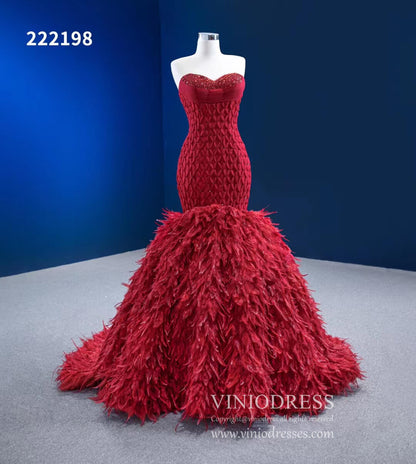 Red Feather Mermaid Wedding Dresses Strapless Pageant Dress 222198-prom dresses 2025 -Viniodress-Red-Custom Size-