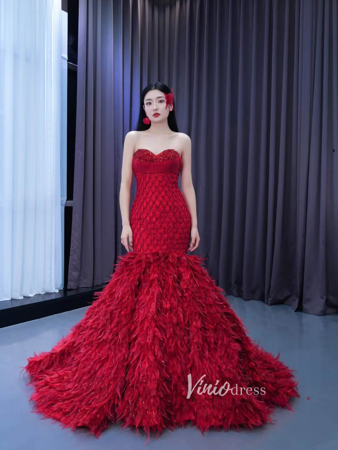 Prom Dress 2025 Red Feather Mermaid Wedding Dresses Strapless Pageant Dress 222198-unique prom dresses-Red-Custom Size-Viniodress