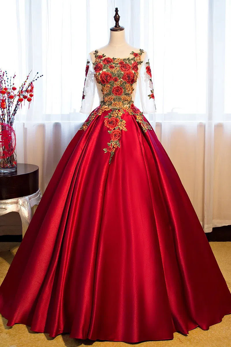 Red Floral Ball Gown Prom Dresses with Sleeves FD1220-B-prom dresses 2025 -Viniodress-Rose Red-Custom Size-