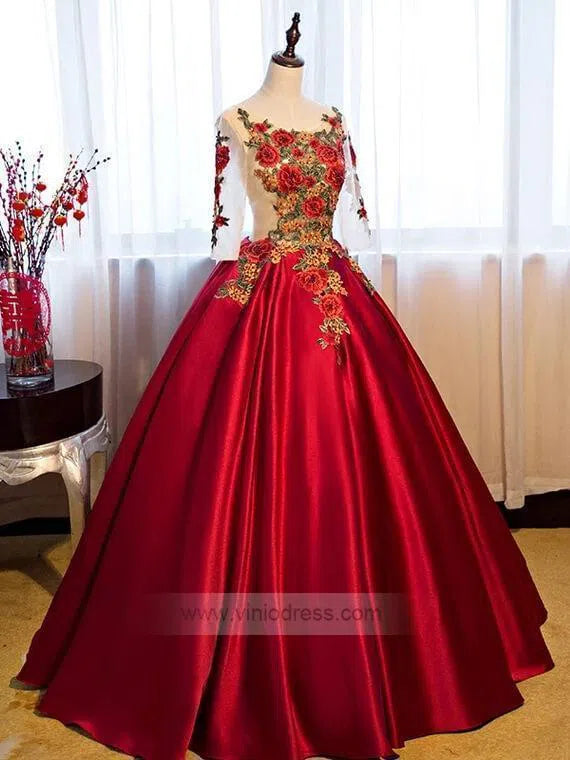 Red Floral Ball Gown Prom Dresses with Sleeves FD1220-B-prom dresses 2025 -Viniodress-Rose Red-Custom Size-