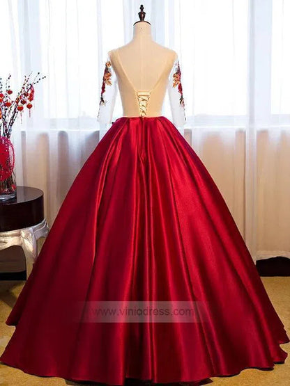 Red Floral Ball Gown Prom Dresses with Sleeves FD1220-B-prom dresses 2025 -Viniodress-Rose Red-Custom Size-