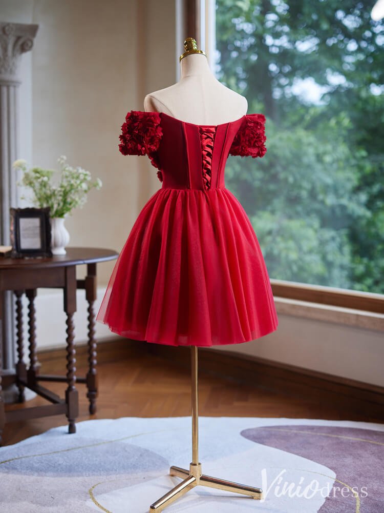 Red Floral Homecoming Dresses Off the Shoulder Graduation Dress BJ054-prom dresses 2025 -Viniodress-Red-Custom Size-