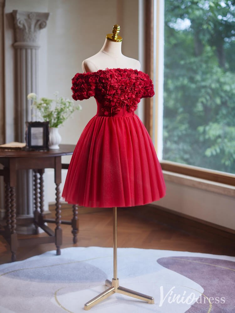 Red Floral Homecoming Dresses Off the Shoulder Graduation Dress BJ054-prom dresses 2025 -Viniodress-Red-Custom Size-