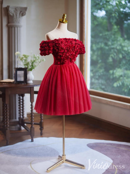 Red Floral Homecoming Dresses Off the Shoulder Graduation Dress BJ054-prom dresses 2025 -Viniodress-Red-Custom Size-
