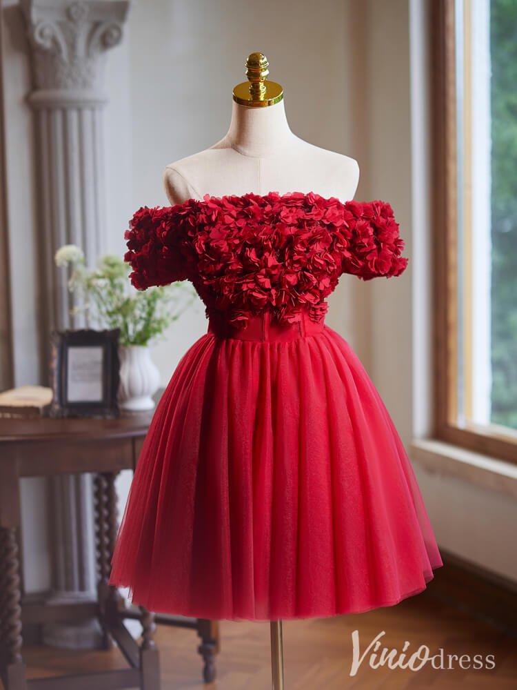 Red Floral Homecoming Dresses Off the Shoulder Graduation Dress BJ054-prom dresses 2025 -Viniodress-Red-Custom Size-
