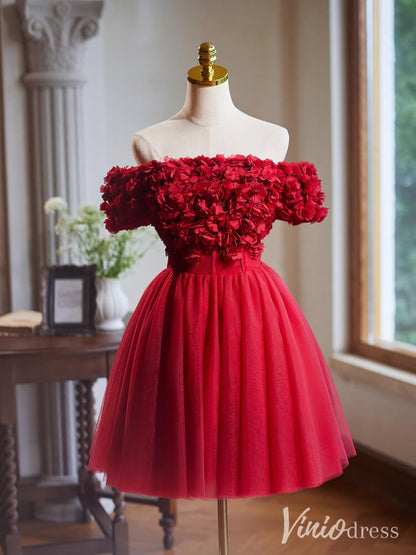 Red Floral Homecoming Dresses Off the Shoulder Graduation Dress BJ054-prom dresses 2025 -Viniodress-Red-Custom Size-